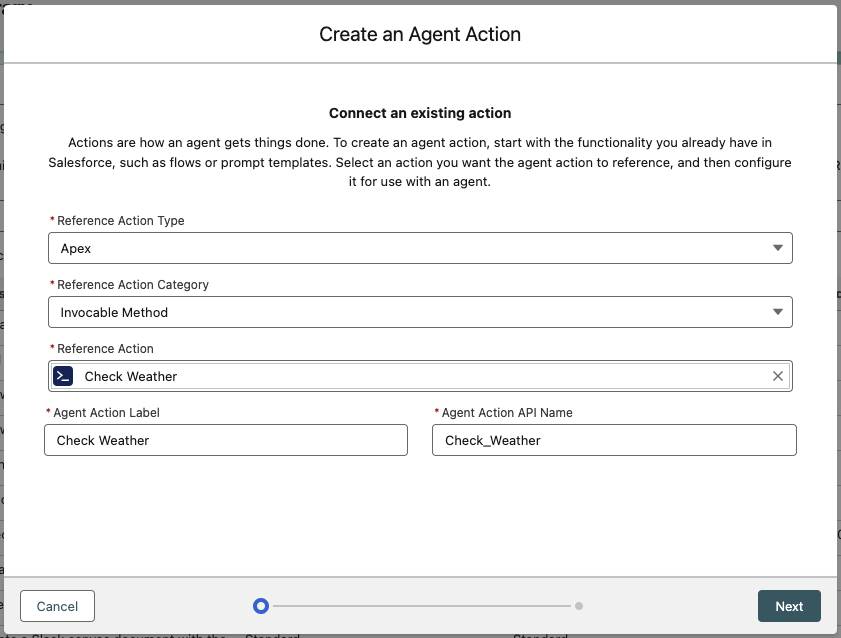 Create an Agent Action (Crear una acción de agente) que muestra los campos que ya se mencionaron.