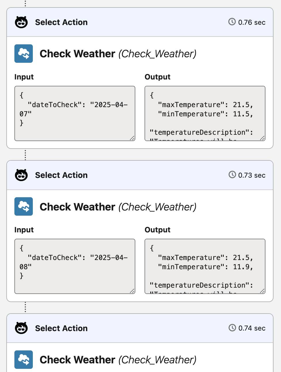 I passaggi in Agentforce Builder (Generatore Agentforce) che mostrano chiamate multiple all’azione Check Weather (Controlla meteo) con diversi Input di data.