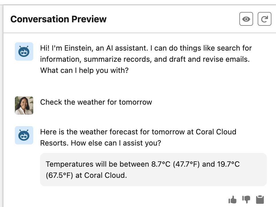 Painel de conversação mostrando a solicitação para checar o tempo para amanhã e a resposta do agente mostrando as temperaturas em Coral Cloud.