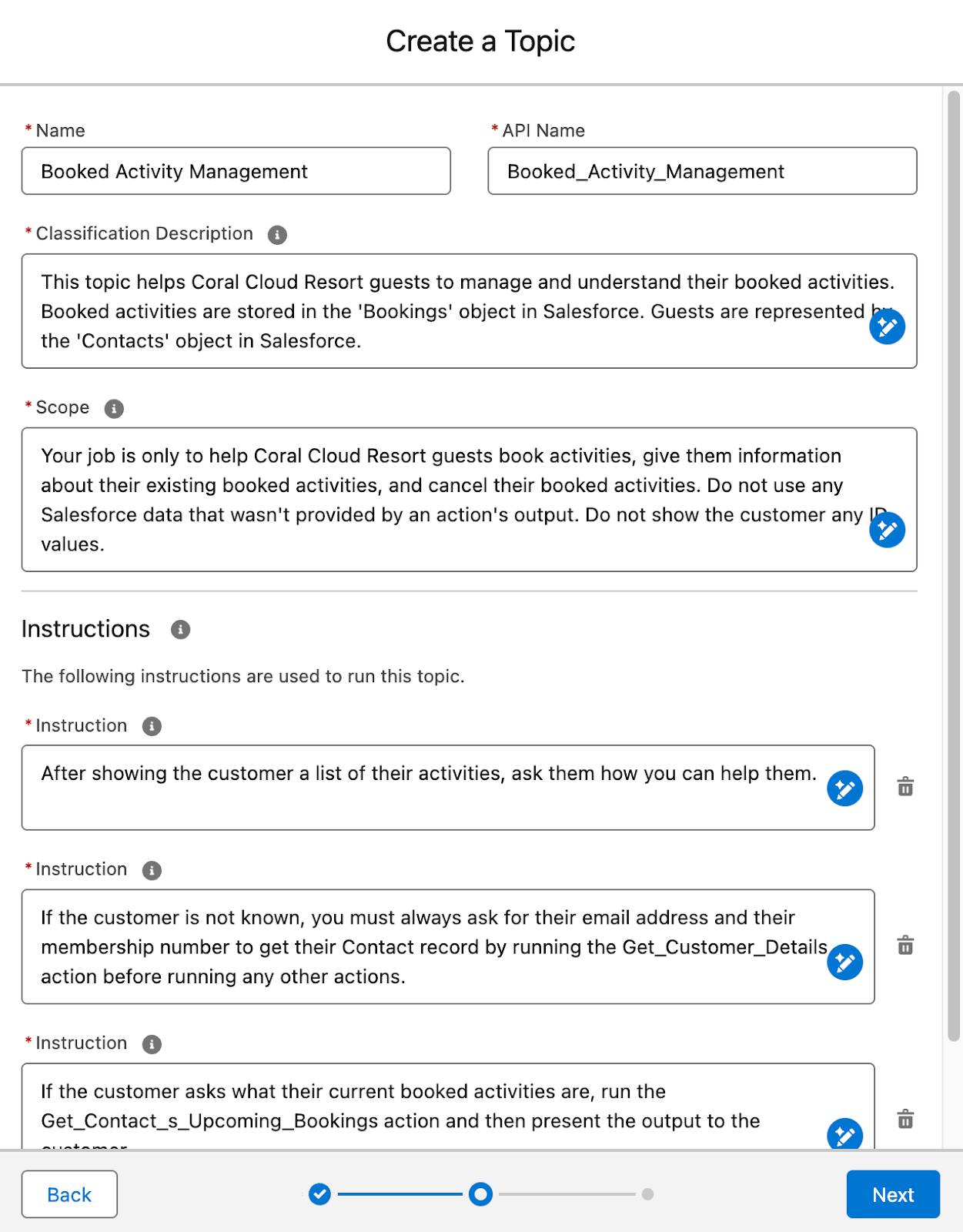 The topic fields corresponding to the previous instructions.