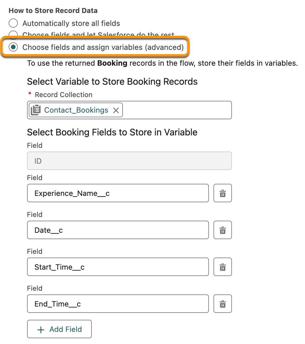 The How to Store Record Data setting, set to Choose fields and assign variables (advanced).