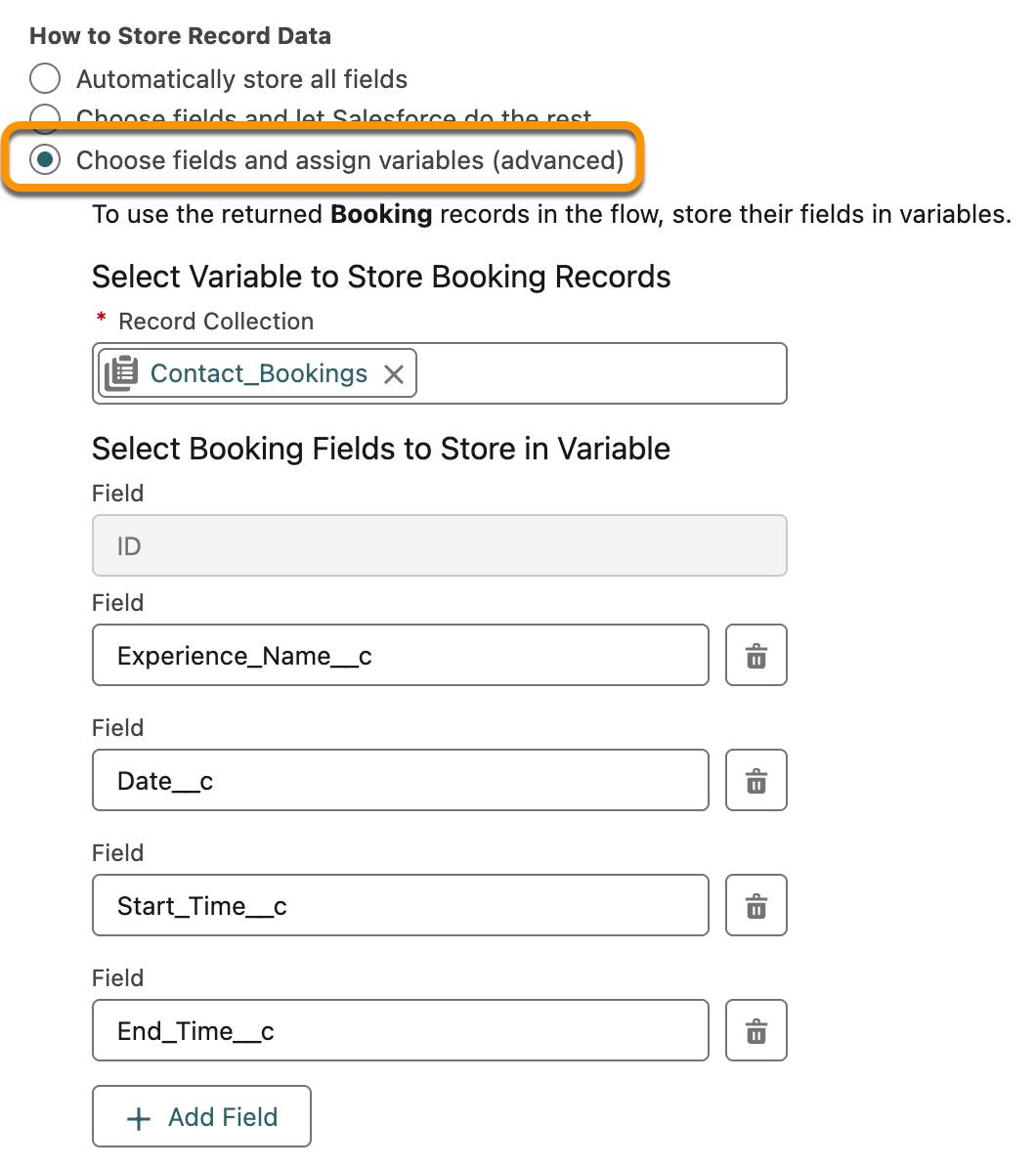 The How to Store Record Data setting, set to Choose fields and assign variables (advanced).