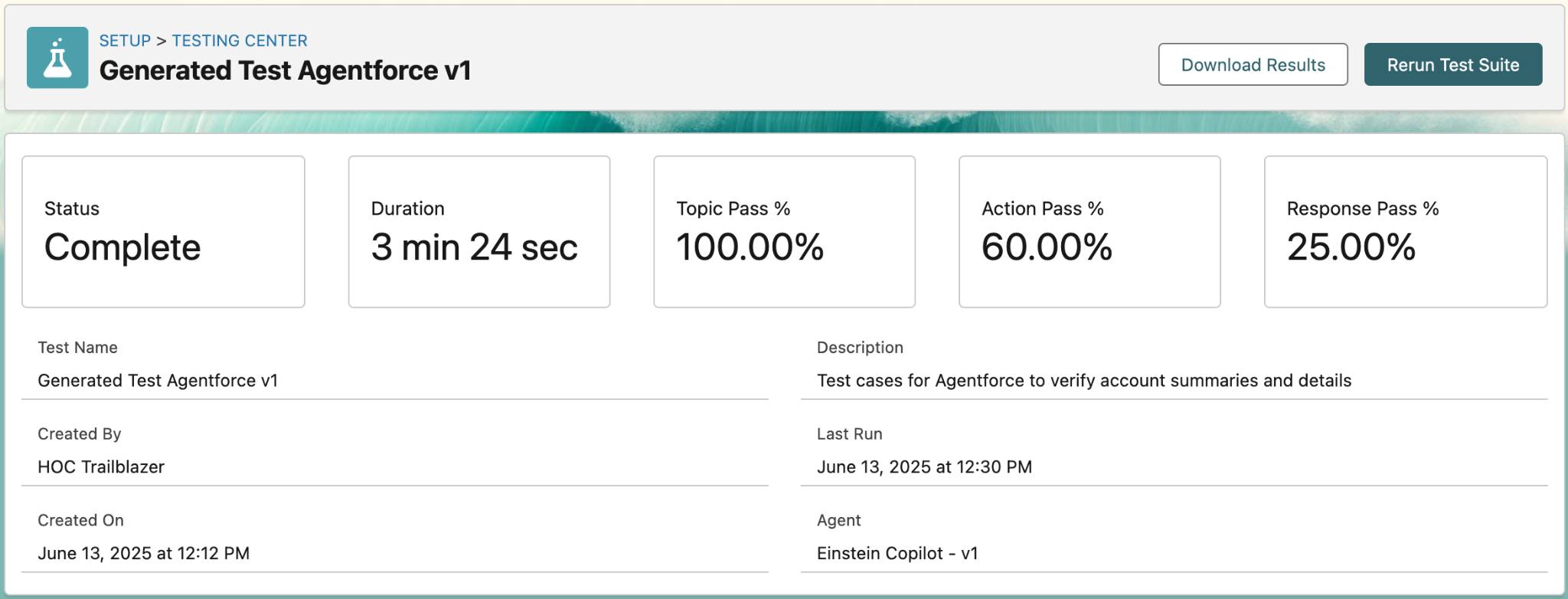 “Testing Center with Generated Test Agentforce v1 test statuses.”