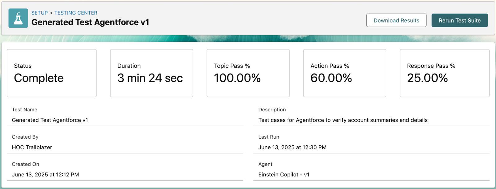 [Generated Test Agentforce v1 (Agentforce v1 の生成済みテスト)] のテスト状況が表示されているテストセンター。