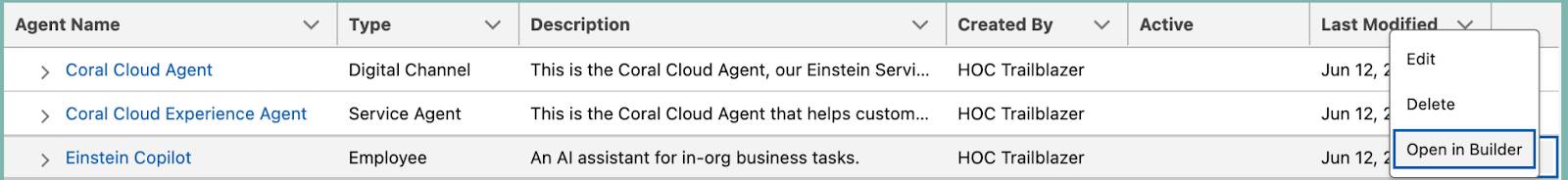 [Agentforce (Default) (Agentforce (デフォルト))] のドロップダウンで [Open in Builder (ビルダーで開く)] が強調表示されている Agentforce エージェントのリスト。
