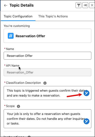 Un tema abierto en el que se muestra la ficha Topic Configuration (Configuración de tema) y una flecha que apunta al ícono de modificación en Classification Description (Descripción de clasificación).