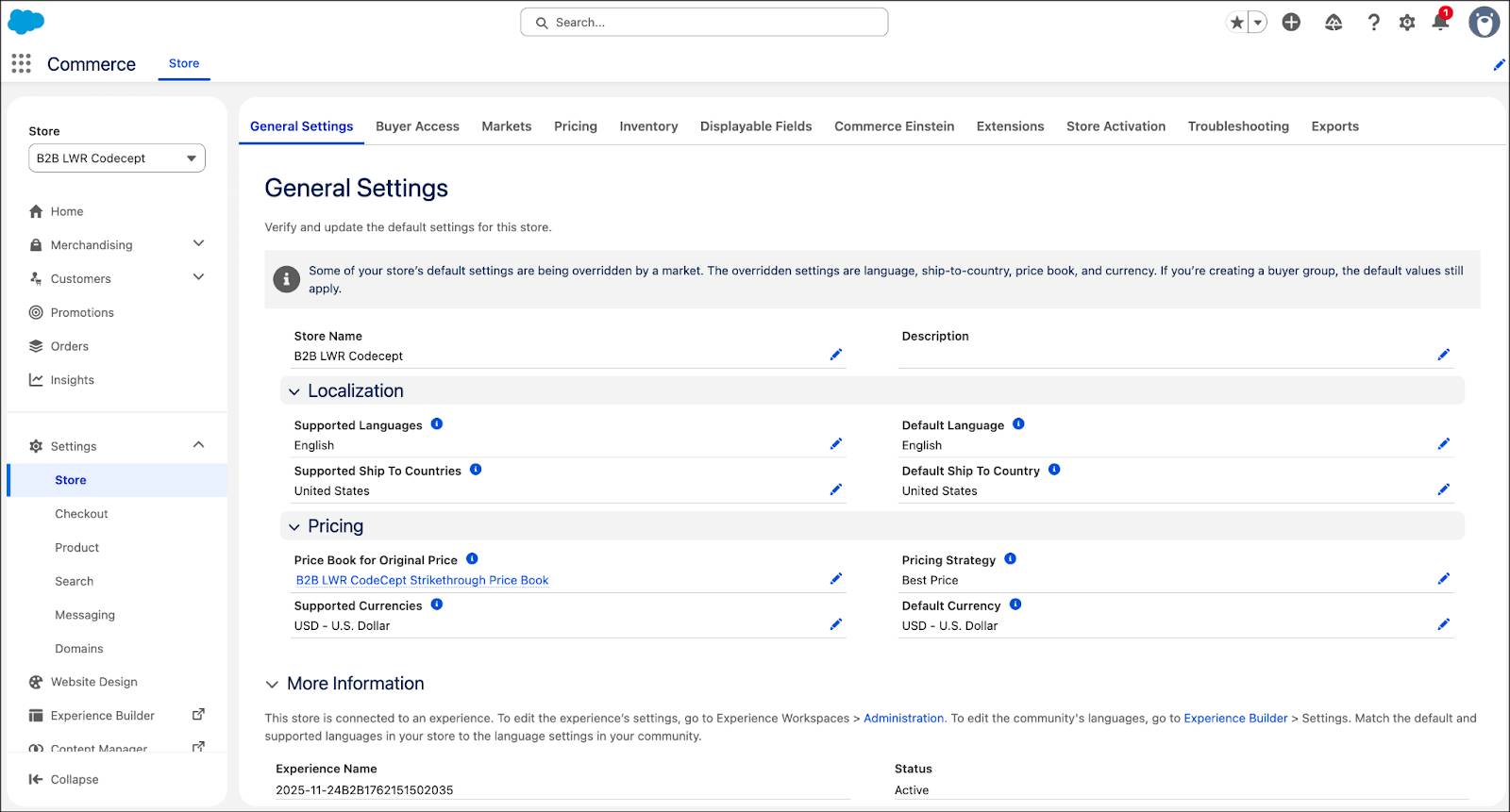 The Commerce org and a B2B Commerce General Settings page.