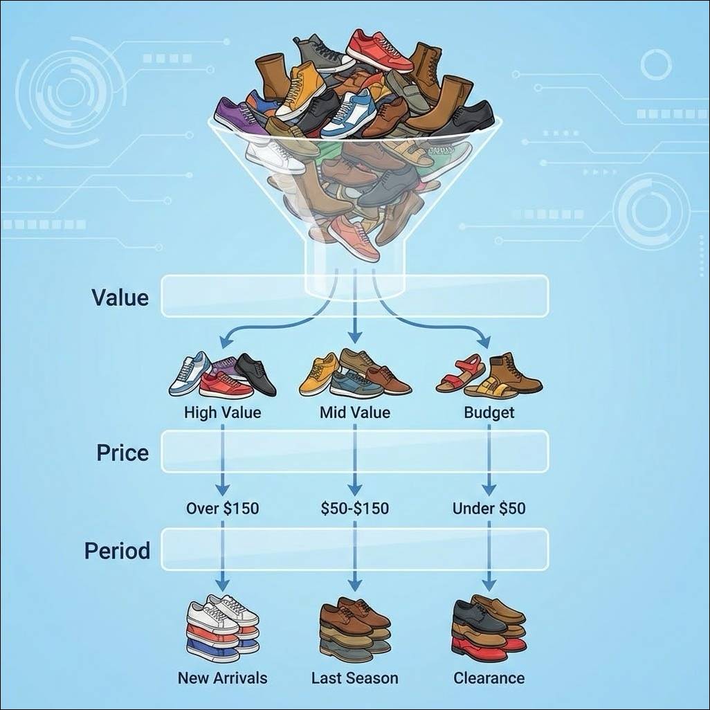Search Refinements with filters. A large collection of shoe styles and brands are filtered by Value, Price, and Period, resulting in three smaller groupings.