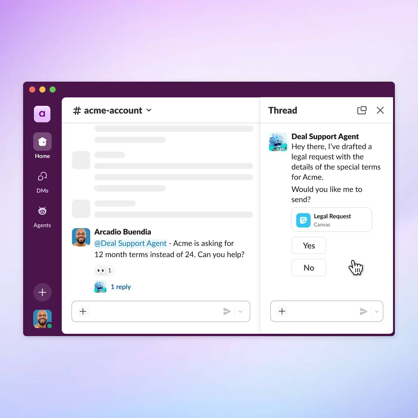 acme-account チャンネルで、ユーザーが Deal Support Agent を @メンションしてスレッドで応答を受信している。