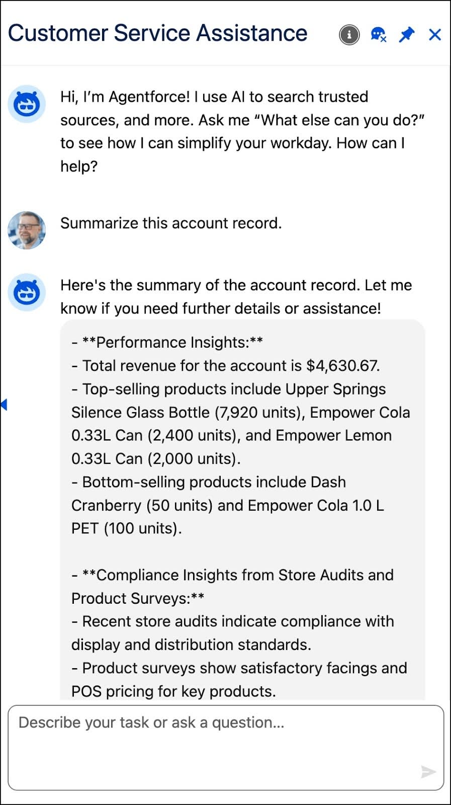 Agentforce creating and displaying a summary of an account record.