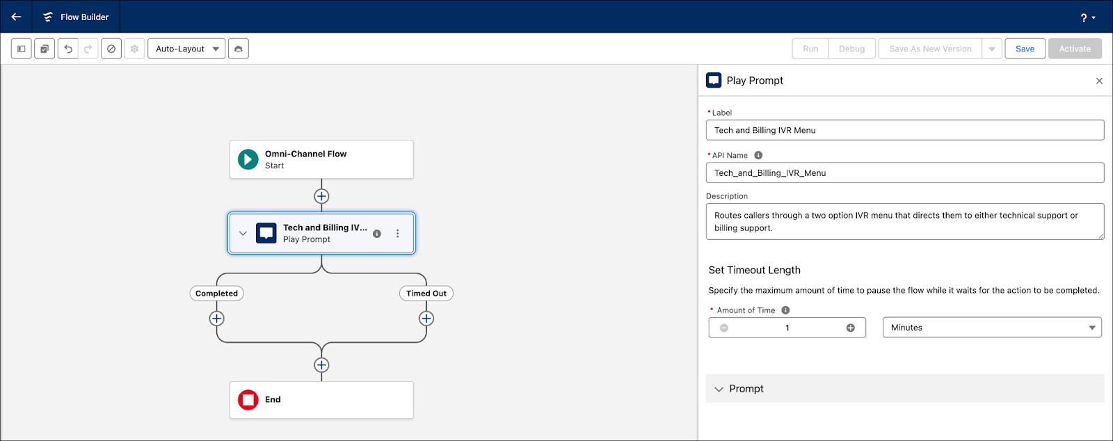 Play Prompt configuration screen in Flow Builder with a label for Tech and Billing IVR Menu.