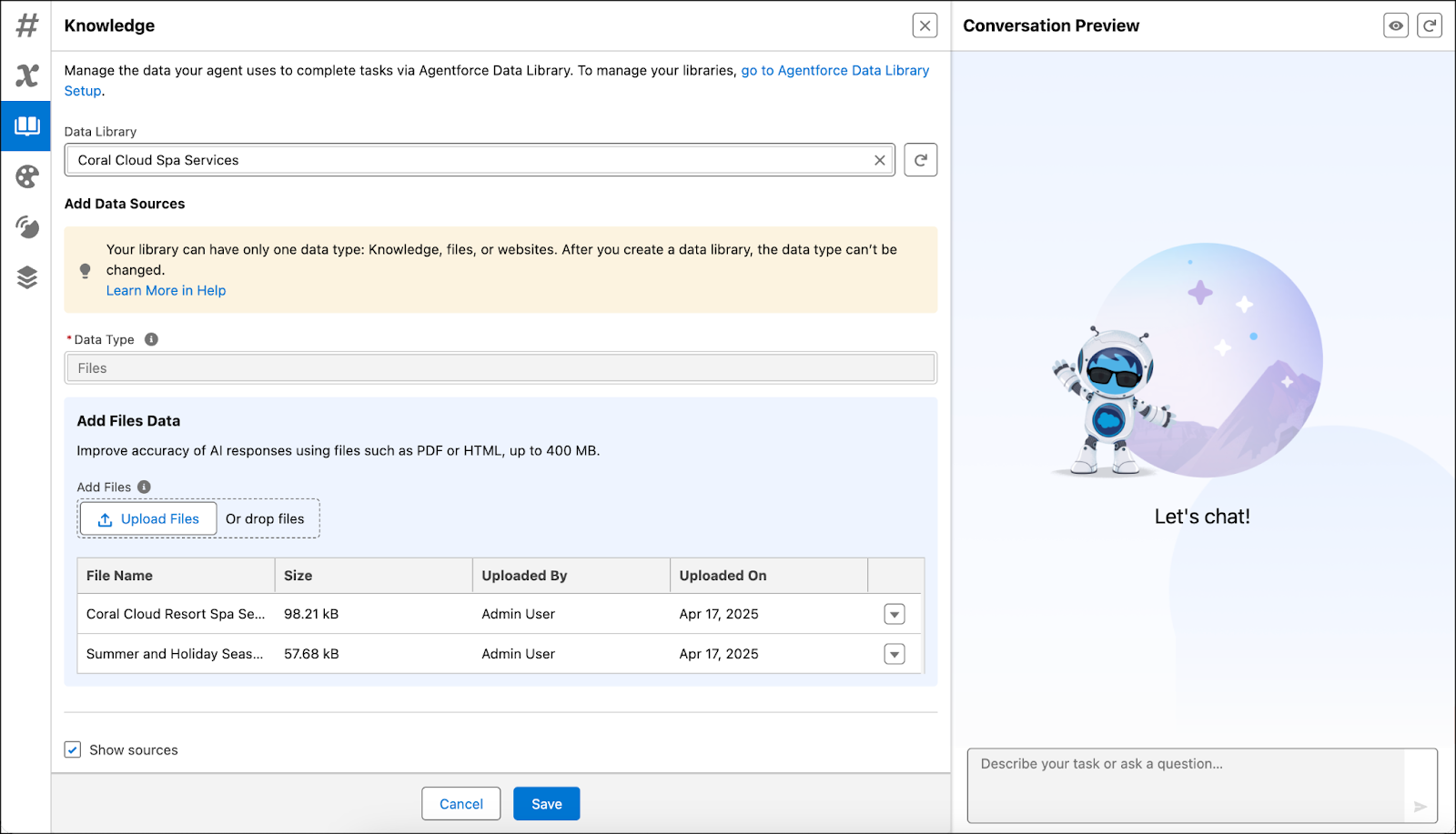 Agentforce Builder abierto en la ficha Data (Datos) que muestra la biblioteca de datos basada en archivos del servicio de spa de Coral Cloud.