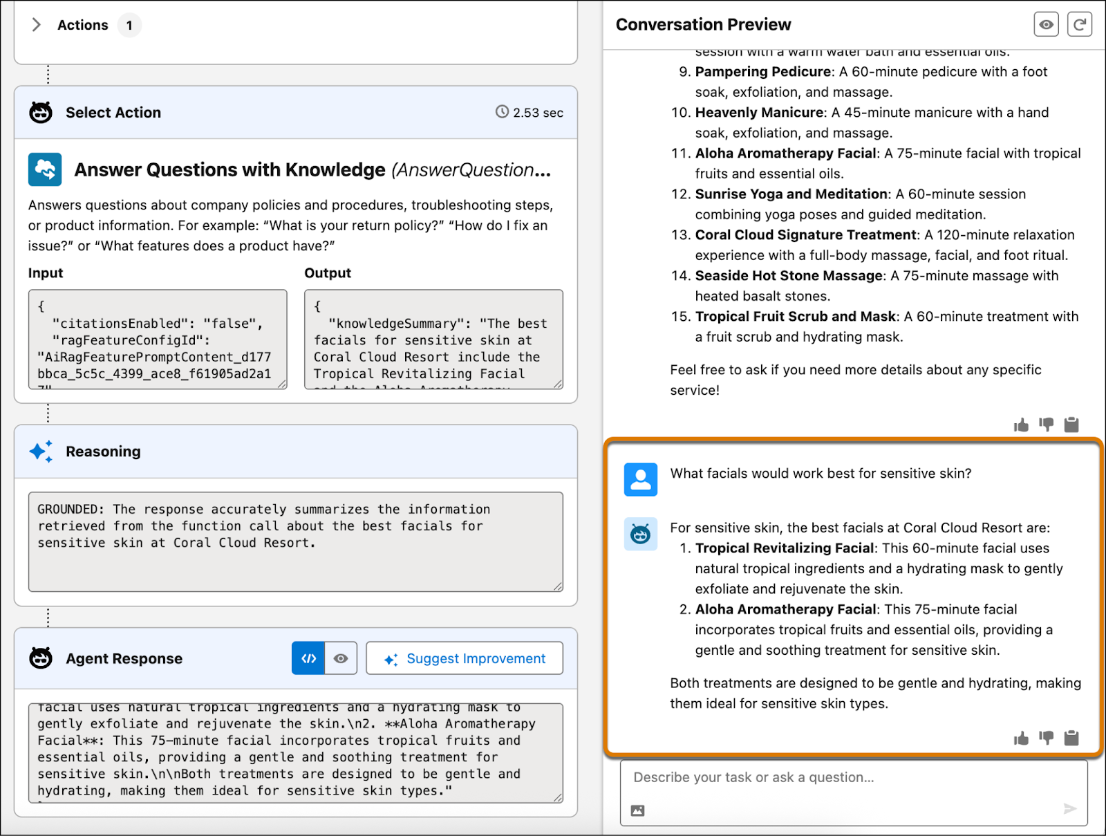 La finestra di anteprima dell’agente con evidenziata la conversazione in cui l’agente consiglia servizi spa.