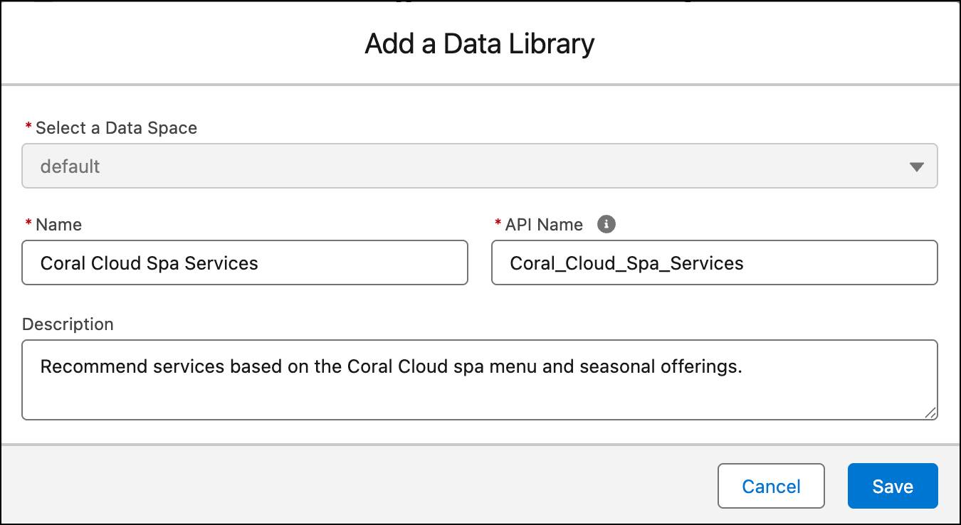 「Coral Cloud Spa Services」という表示ラベルが付けられた新しいデータライブラリ。