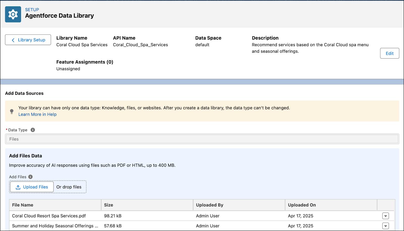Coral Cloud 水疗服务数据库，其中两个文件已上传。