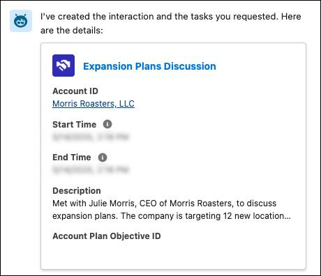 Un agente de Banking Relationship Assistance (Asistencia para relaciones bancarias) confirma la creación de una interacción y algunas tareas.