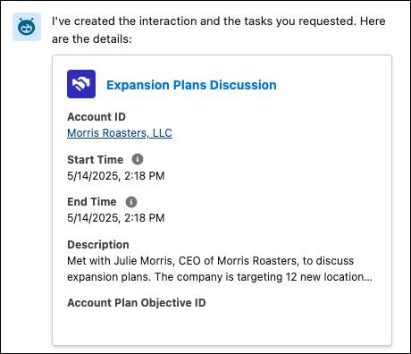 Un agente Banking Relationship Assistance (Asistencia de relación de banca) confirma la creación de una interacción y tareas.