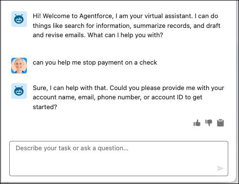 Un agente de Banking Service Assistance (Asistencia en servicios bancarios) responde con una solicitud de más información.