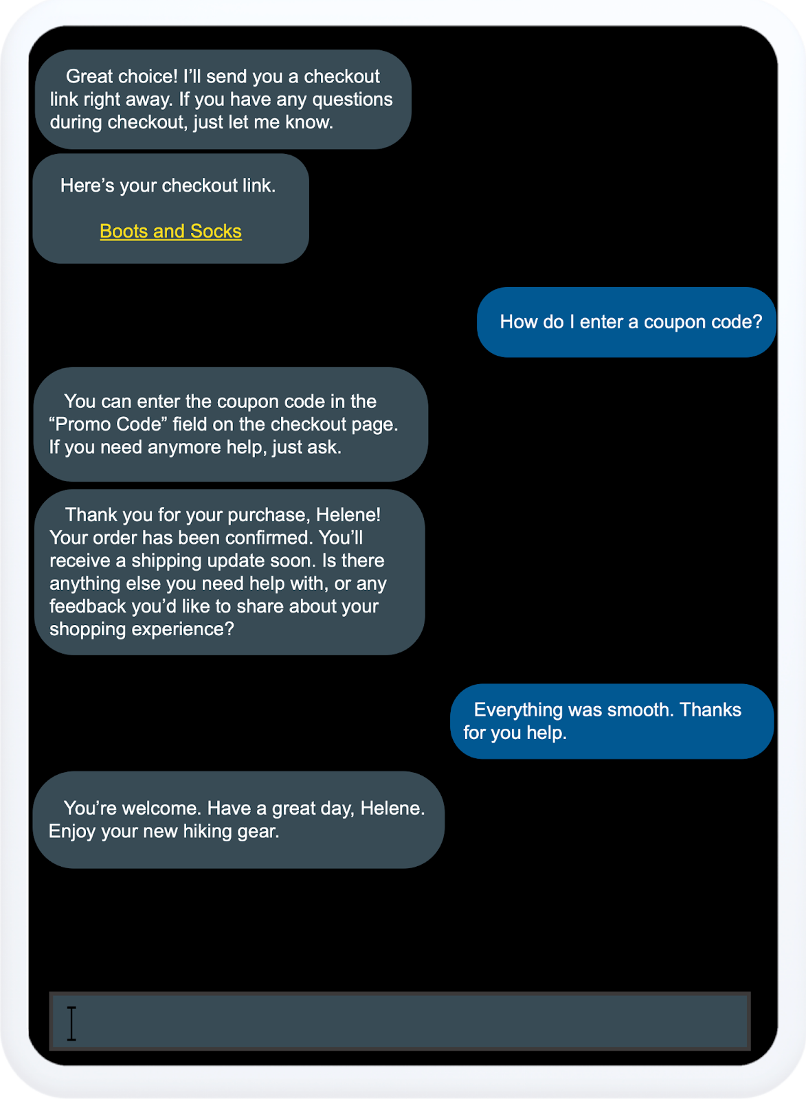 Text messaging between Helene Agentforce for Guided Shopping agent.