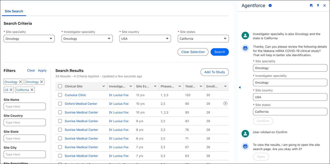 The Search Results page displaying a filtered list of clinics and doctors with relevant performance metrics.