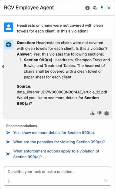 The Compliance Management Agent answering a compliance question.