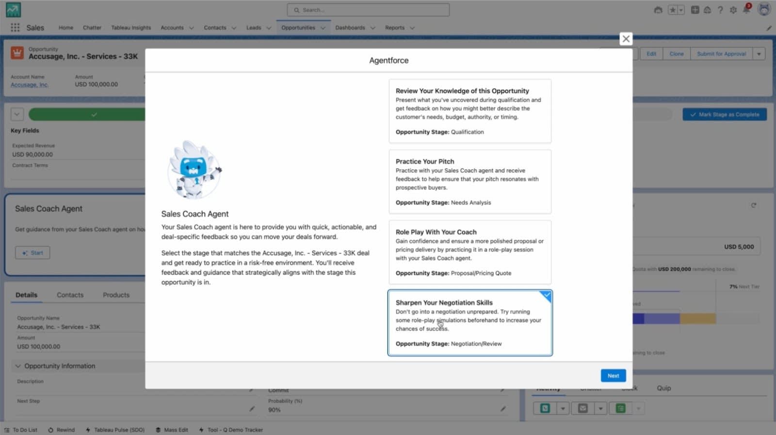 Stufenmenü von Agentforce-Vertriebs-Coach mit hervorgehobenem Punkt "Ihr Verhandlungsgeschick schärfen".