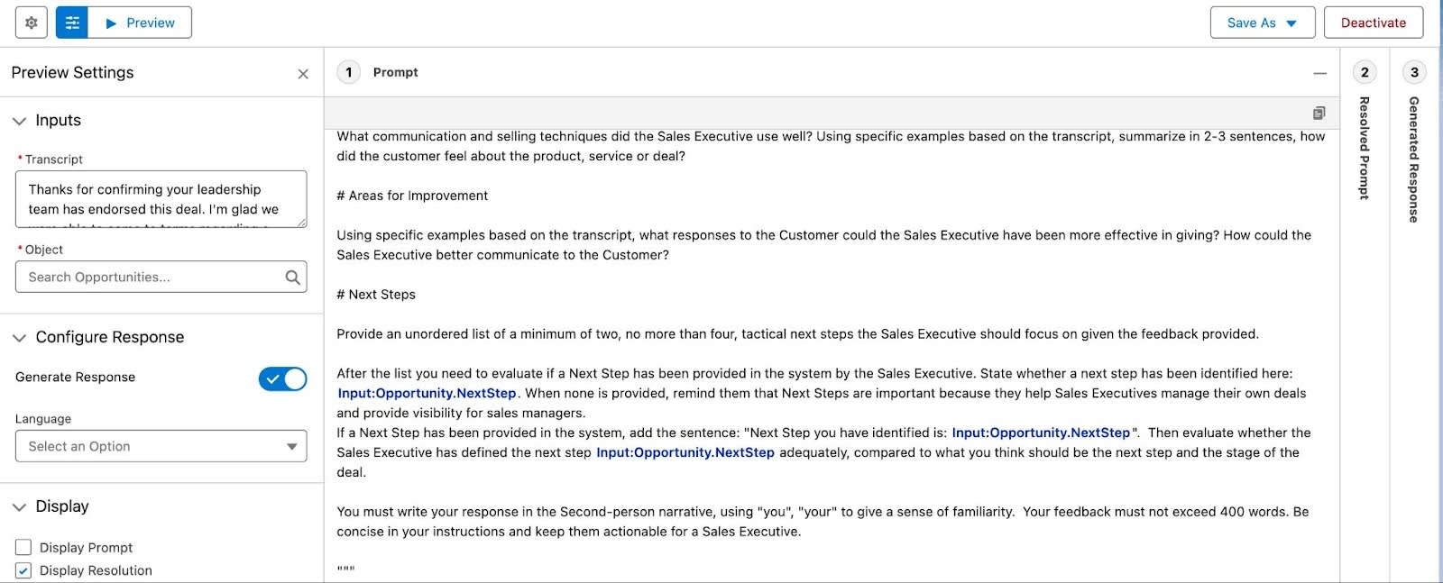 Agentforce 生成器中的提示生成器，显示了一个“获得资格鉴定阶段反馈”提示模板示例。