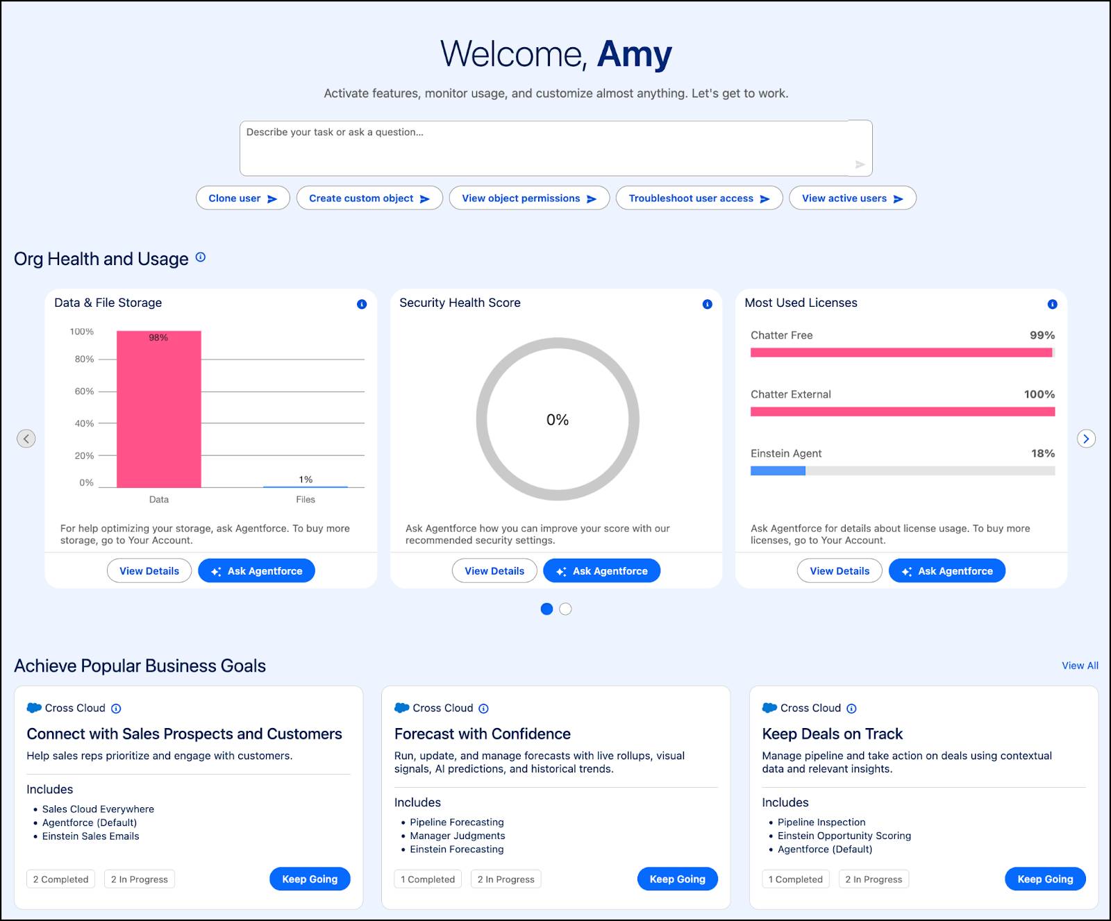 Setup Home, showing a welcome message to the admin, a prompt bar, and several tiles with recommended tasks and actions.