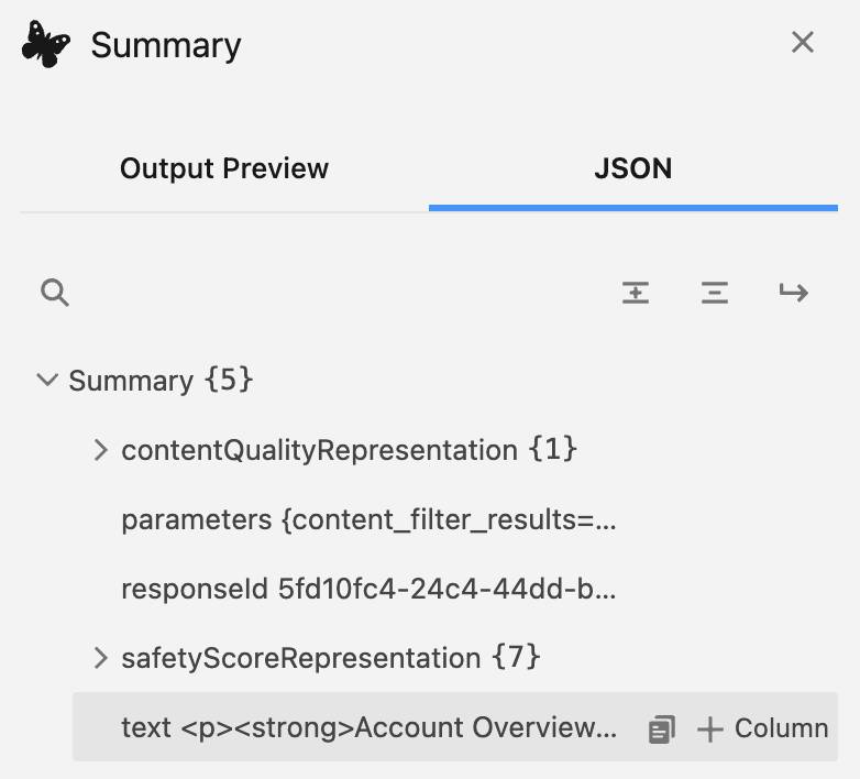 “Summary with JSON tab open and the text field highlighted.”
