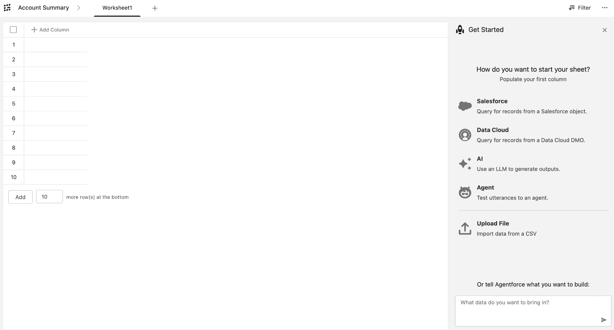 Account Summary Agentforce Grid opened with Add Column and 10 rows displayed.