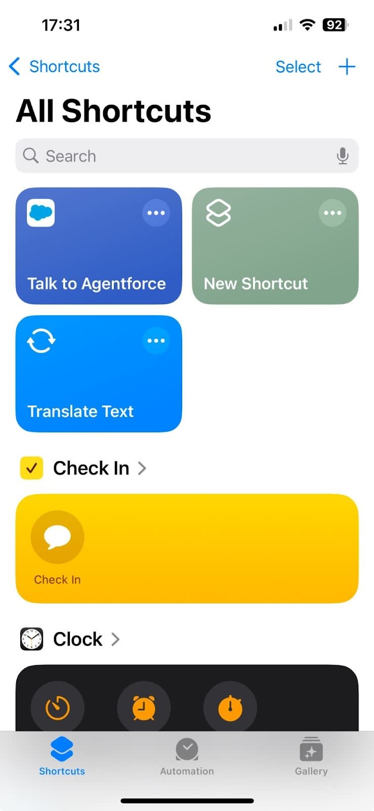 O aplicativo Shortcut mostrando um atalho Falar com o Agentforce.