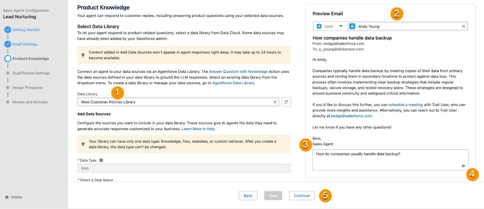 Der Schitt 'Test Agent Responses (Agentenantworten testen) im Setup-Assistenten von Agentforce Builder (Agentforce-Generator)