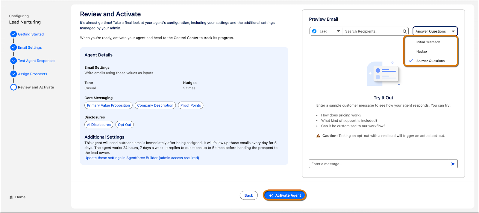Der Schritt 'Review and Activate' (Überprüfen und aktivieren) im Setup-Assistenten von Agentforce Builder (Agentforce-Generator) mit hervorgehobenem Menü 'Answer Questions' (Fragen beantworten)
