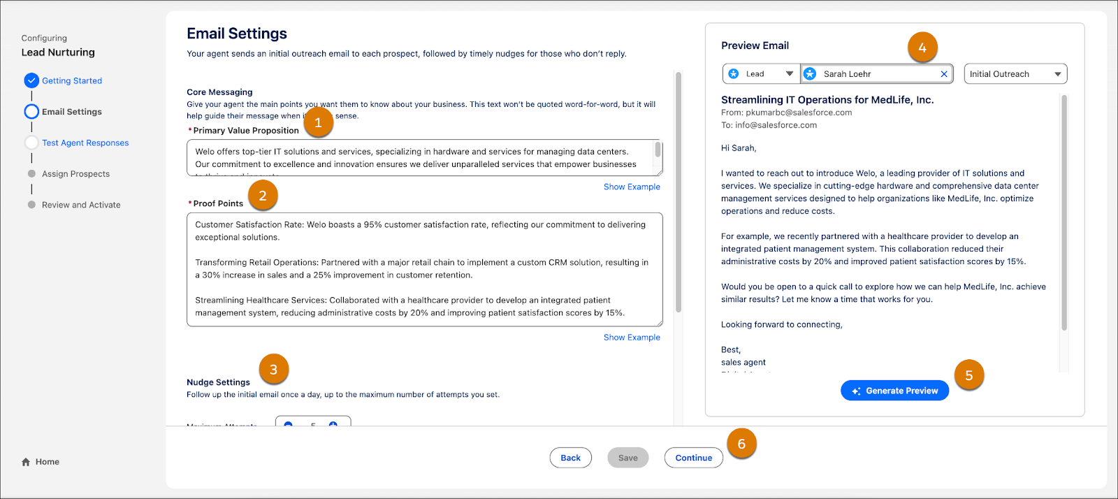 Der Schitt 'Email Settings' (E-Mail-Einstellungen) im Setup-Assistenten von Agentforce Builder (Agentforce-Generator) 