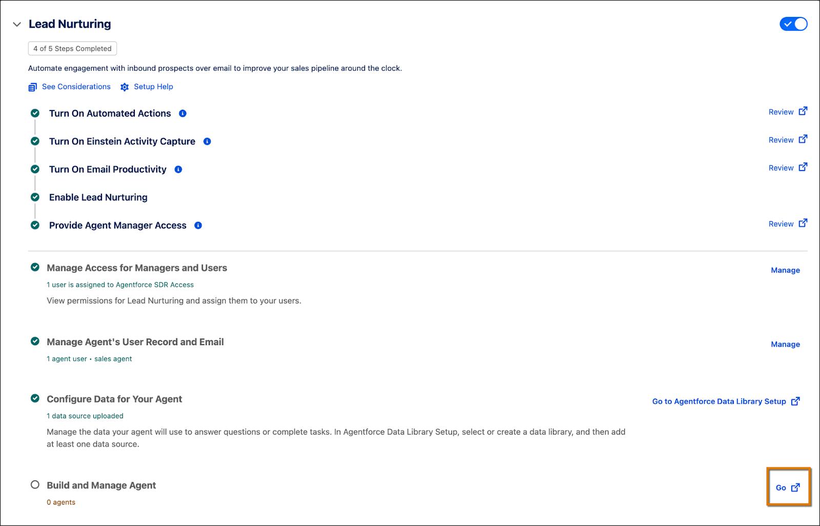 Écran de configuration Lead Nurturing avec le bouton Go (Accéder) mis en évidence.