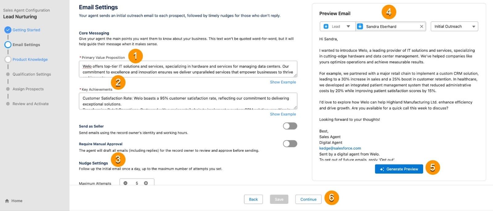 Étape Email Settings (Paramètres d’e-mail) de l’assistant de configuration d’Agentbuilder.
