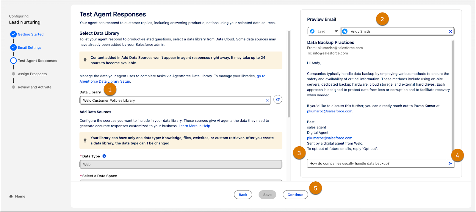 Fase Test Agent Responses (Verifica le risposte dell’agente) della configurazione guidata Agentbuilder (Generatore agente).