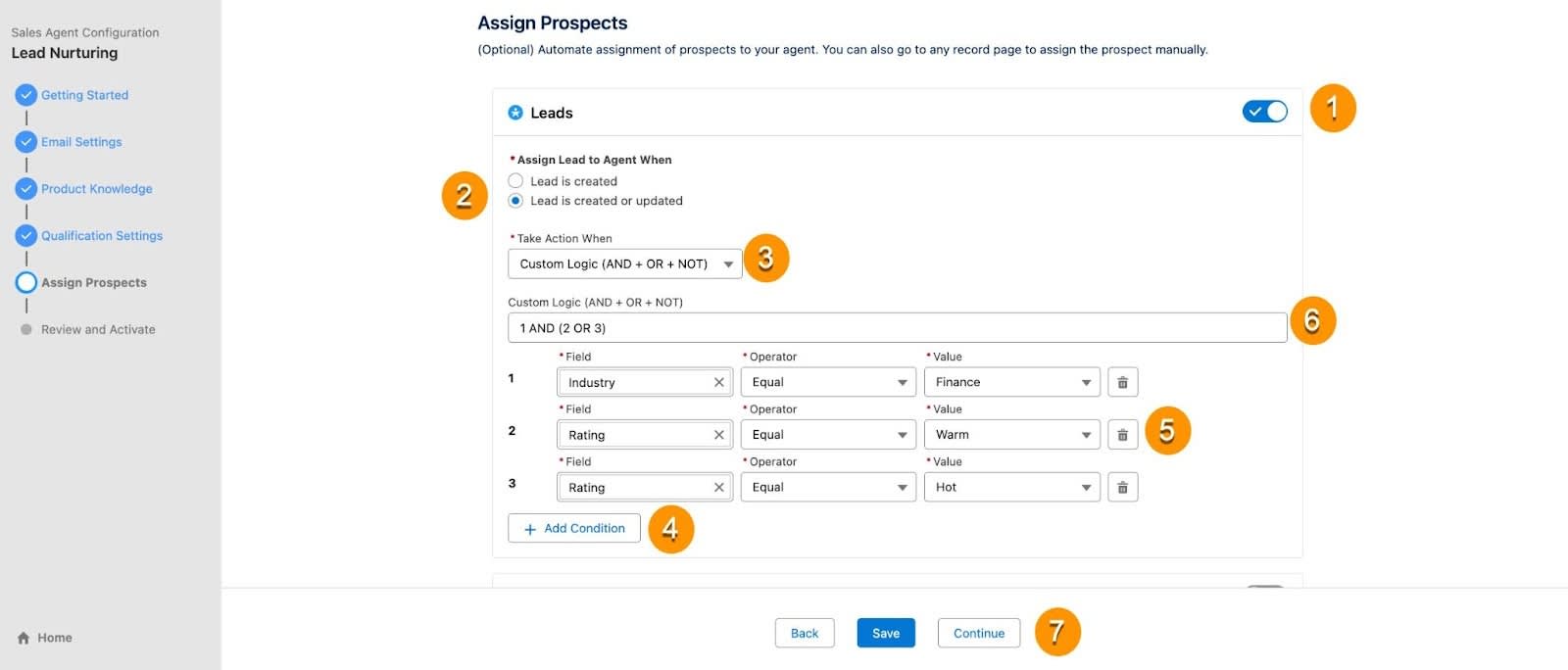 Agent Builder 設定ウィザードの [Assign Prospects (見込み客を割り当てる)] ステップ。