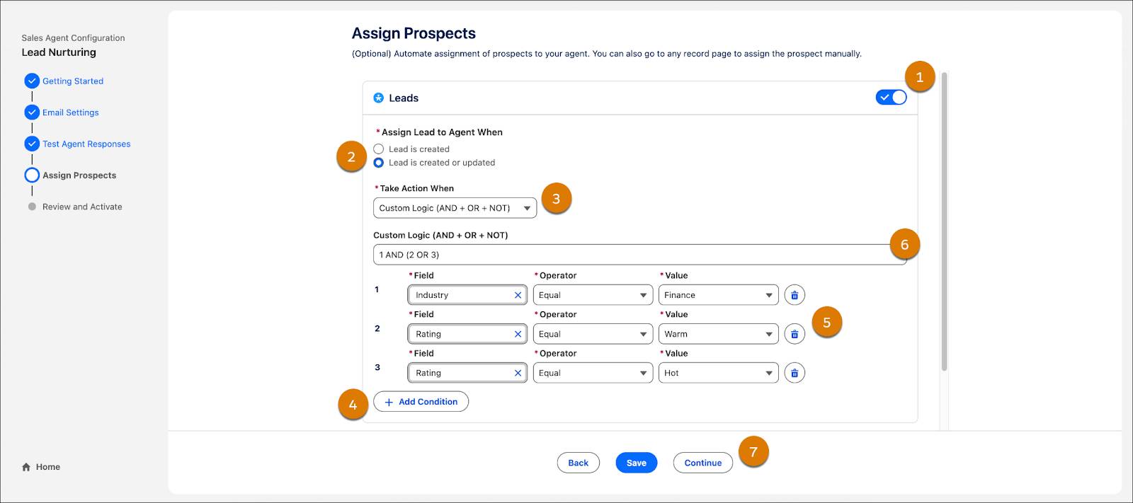 Agentbuilder 설정 마법사의 Assign Prospects(잠재 고객 할당) 단계.