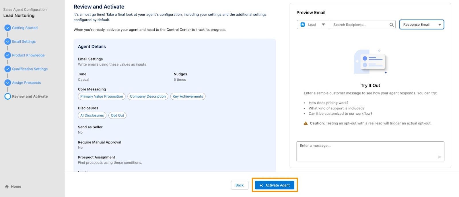 A etapa Review and Activate (Revisar e ativar) do assistente de configuração do Agentbuilder com o menu Answer Questions (Responder a perguntas) em destaque.