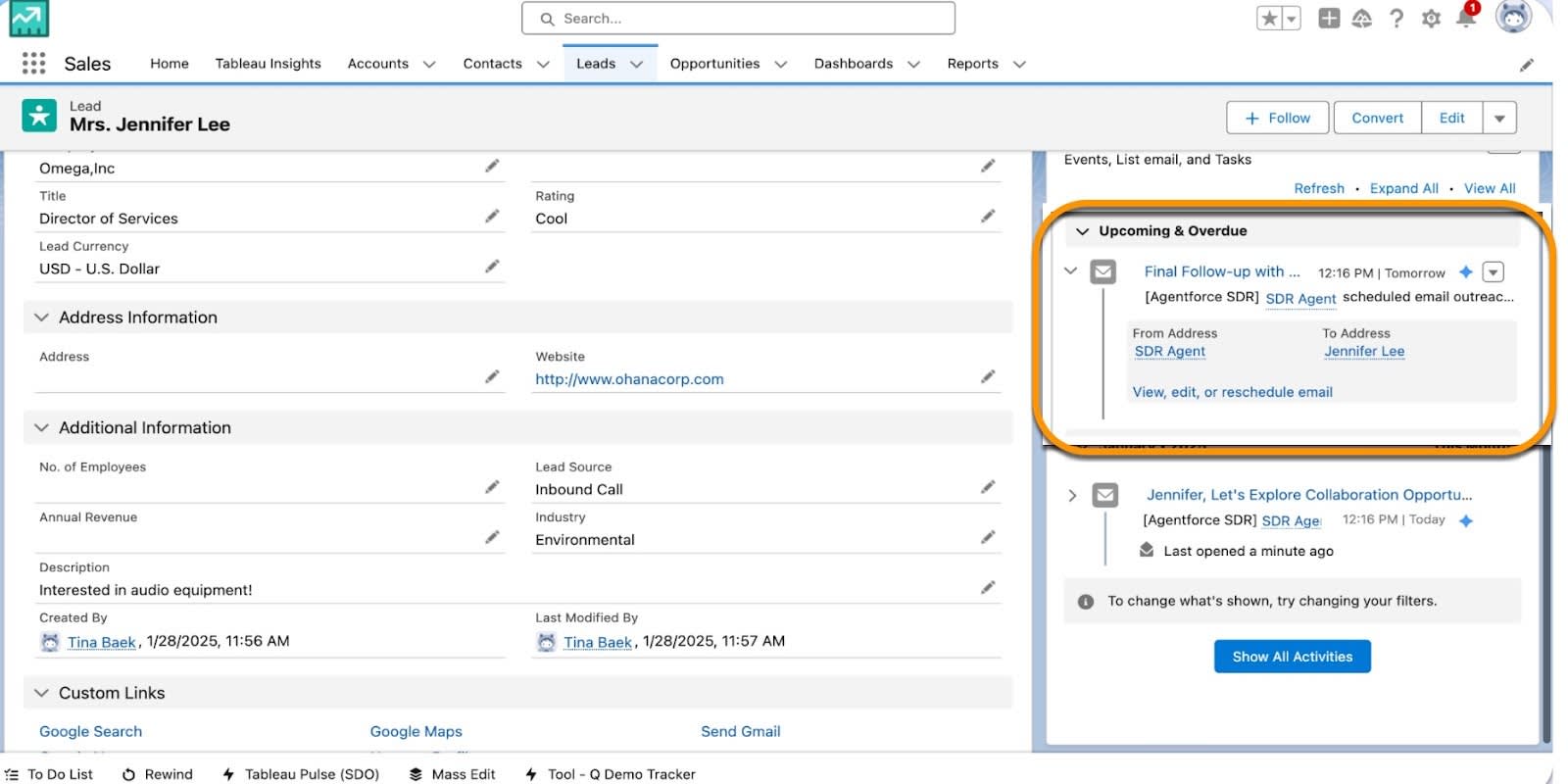 Página Sales Lead Record (Registro de leads de vendas) com tarefas classificadas como Upcoming (Próximas) e Overdew (Vencidas) em destaque. O email Final Follow-up (Último acompanhamento) é exibido.