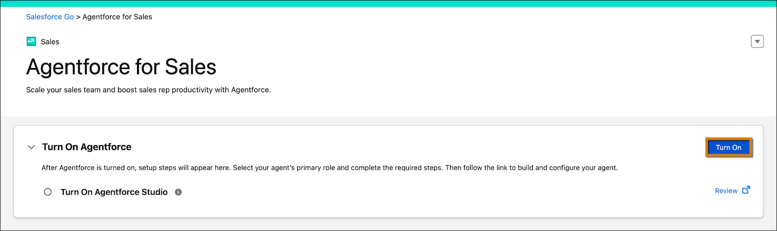 Page Agentforce for Sales (Agentforce pour la vente) avec le bouton Turn On (Activer) mis en évidence.