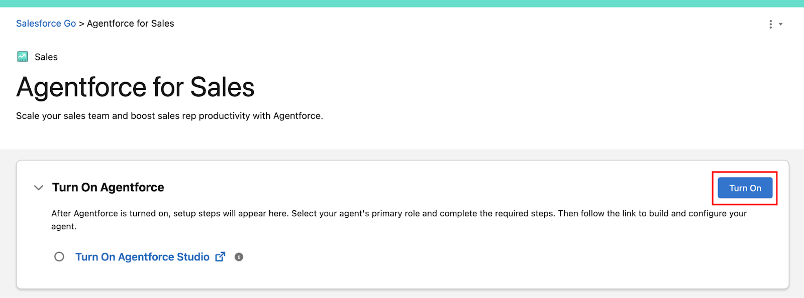 [Turn On (有効化)] ボタンが強調表示された [Agentforce for Sales (セールス向け Agentforce)] ページ。