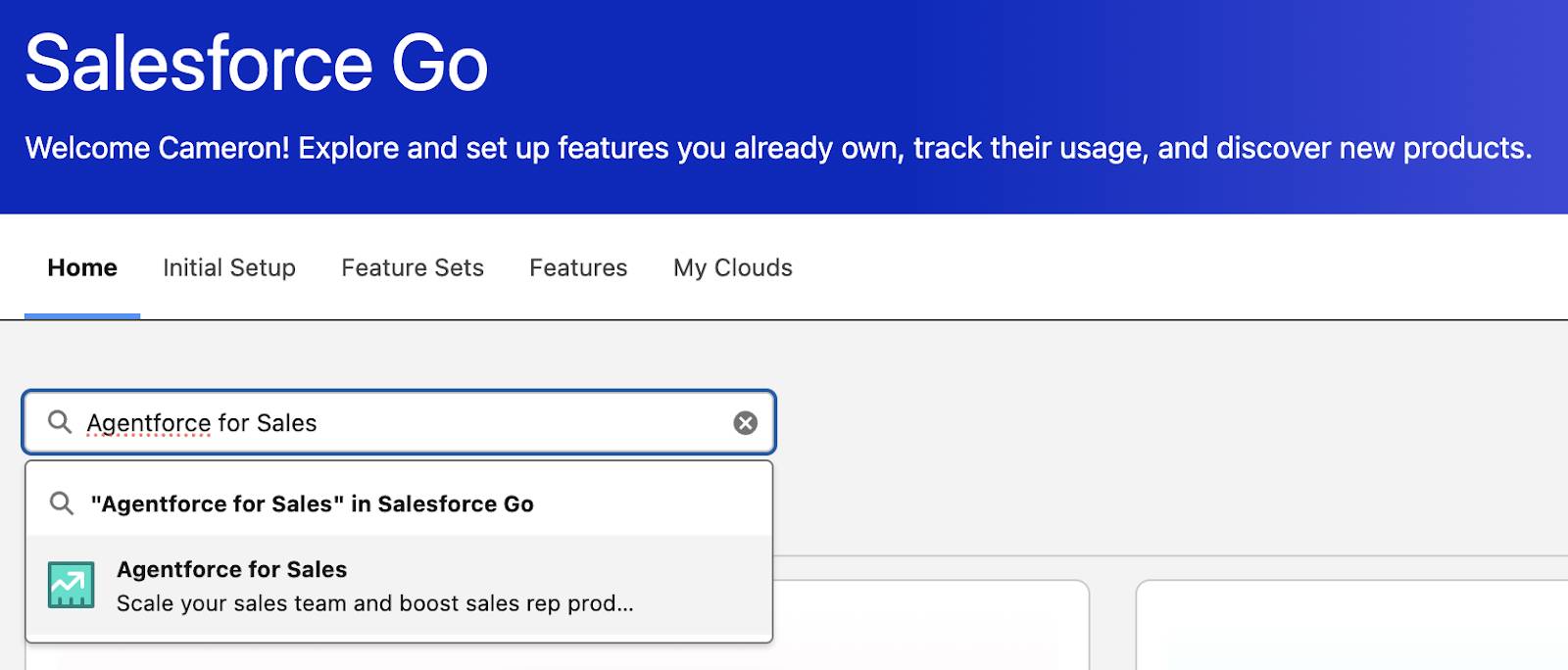 Agentforce for Sales(세일즈용 Agentforce)가 입력된 Salesforce Go 검색 상자