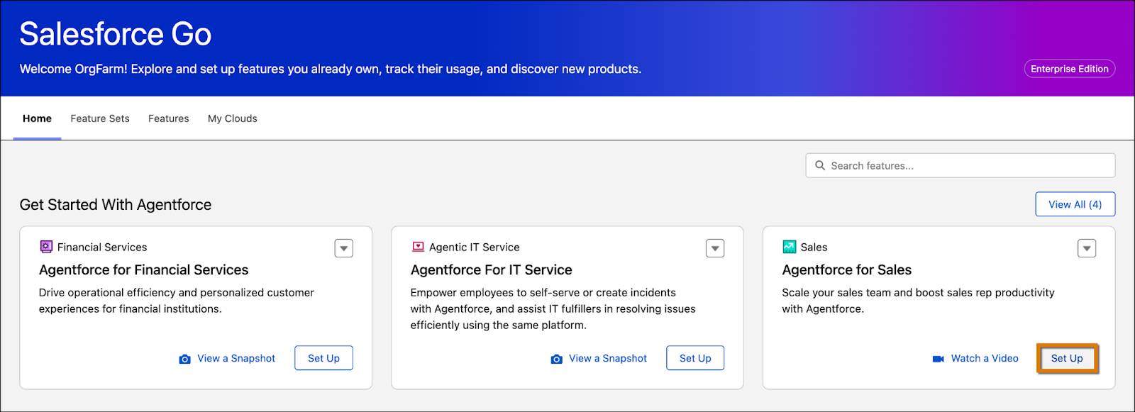 Agentforce for Sales(세일즈용 Agentforce) 카드의 Set Up(설정)이 강조 표시된 Salesforce Go 홈 페이지.
