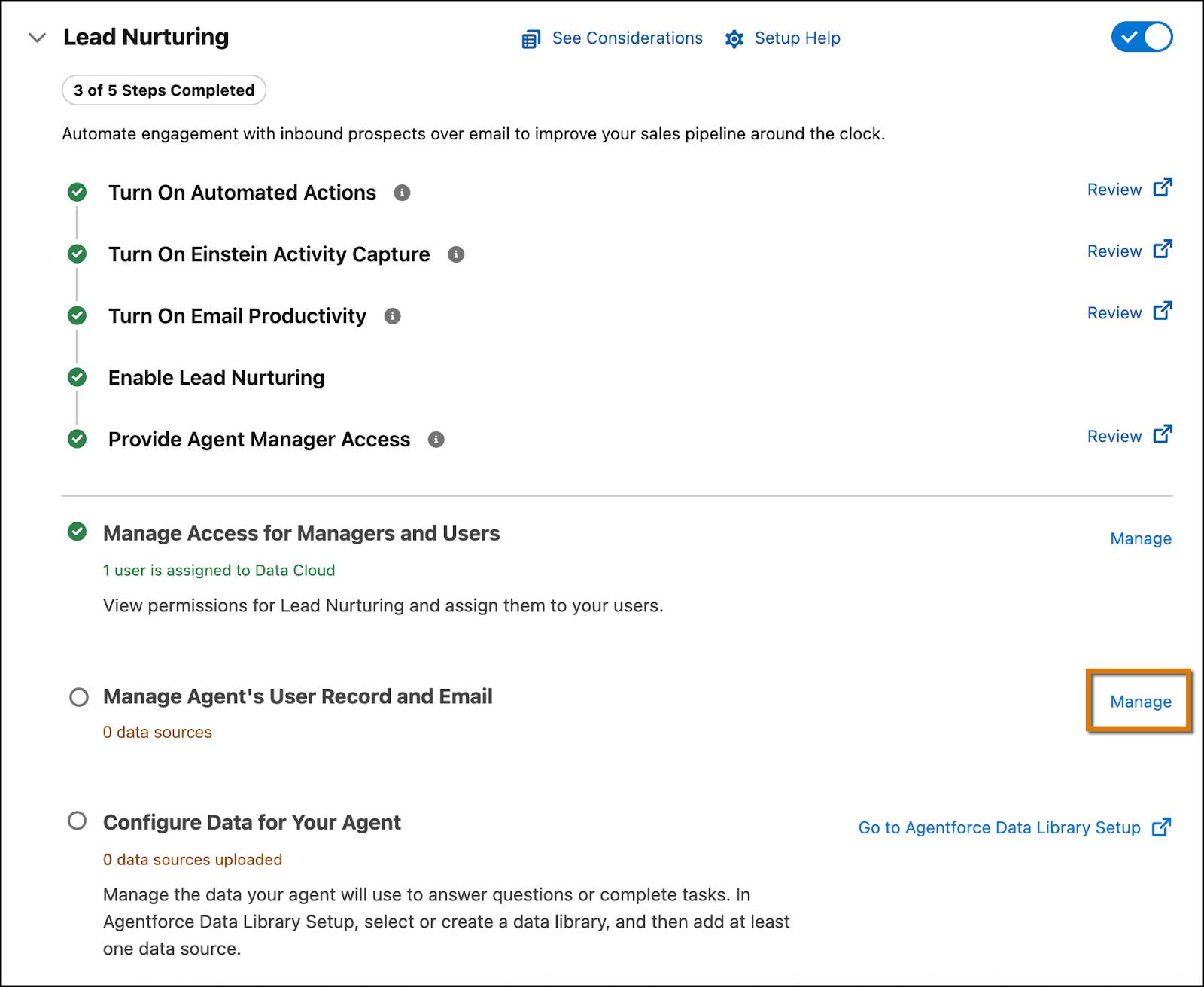 Lead Nurturing setup screen with Manage highlighted.