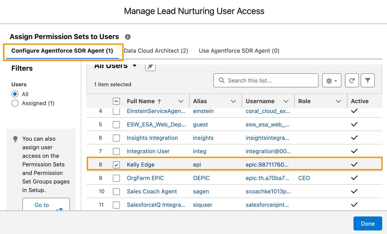 The Configure Agentforce SDR Agent tab with your name checked in the list of All Users, and the Assign button highlighted.