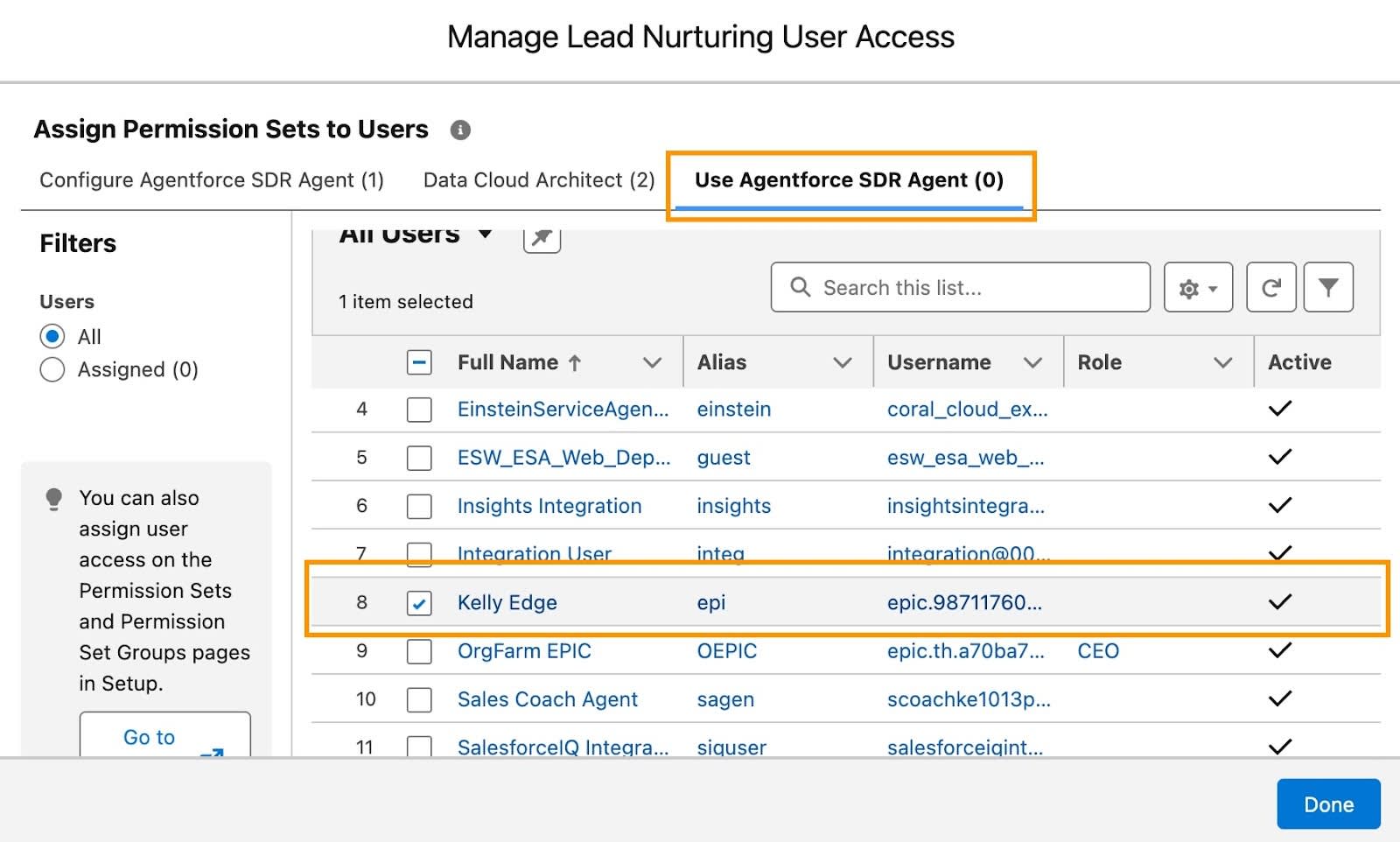 Ficha Use Agentforce SDR Agent (Utilizar agente de SDR de Agentforce) con su nombre marcado en la lista All Users (Todos los usuarios) y el botón Assign (Asignar) resaltado.