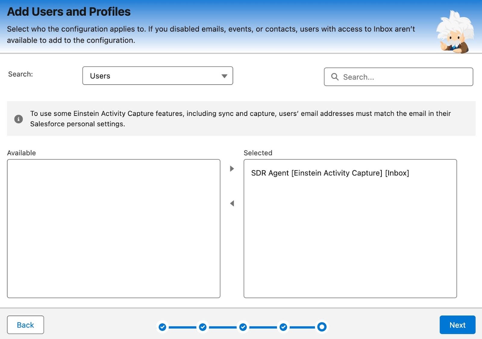 Pantalla Add Users and Profile (Agregar usuarios y perfiles) con el agente SDR en el cuadro Selected (Seleccionado).