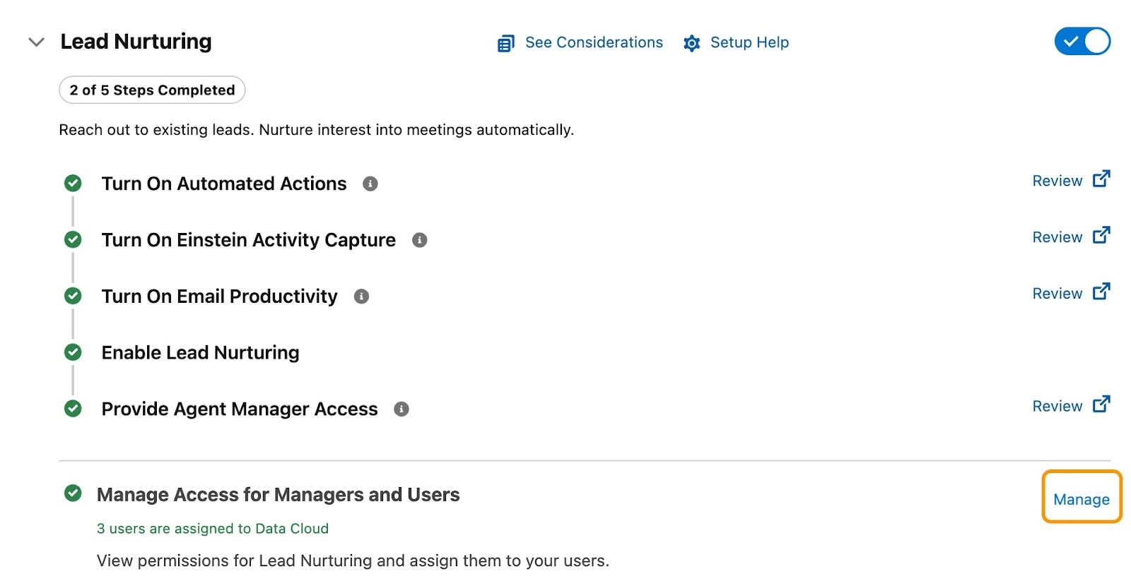 [Manage User Access (ユーザーアクセスを管理)] の [Manage (管理)] リンクが強調表示されているリード育成エージェント設定ページ。